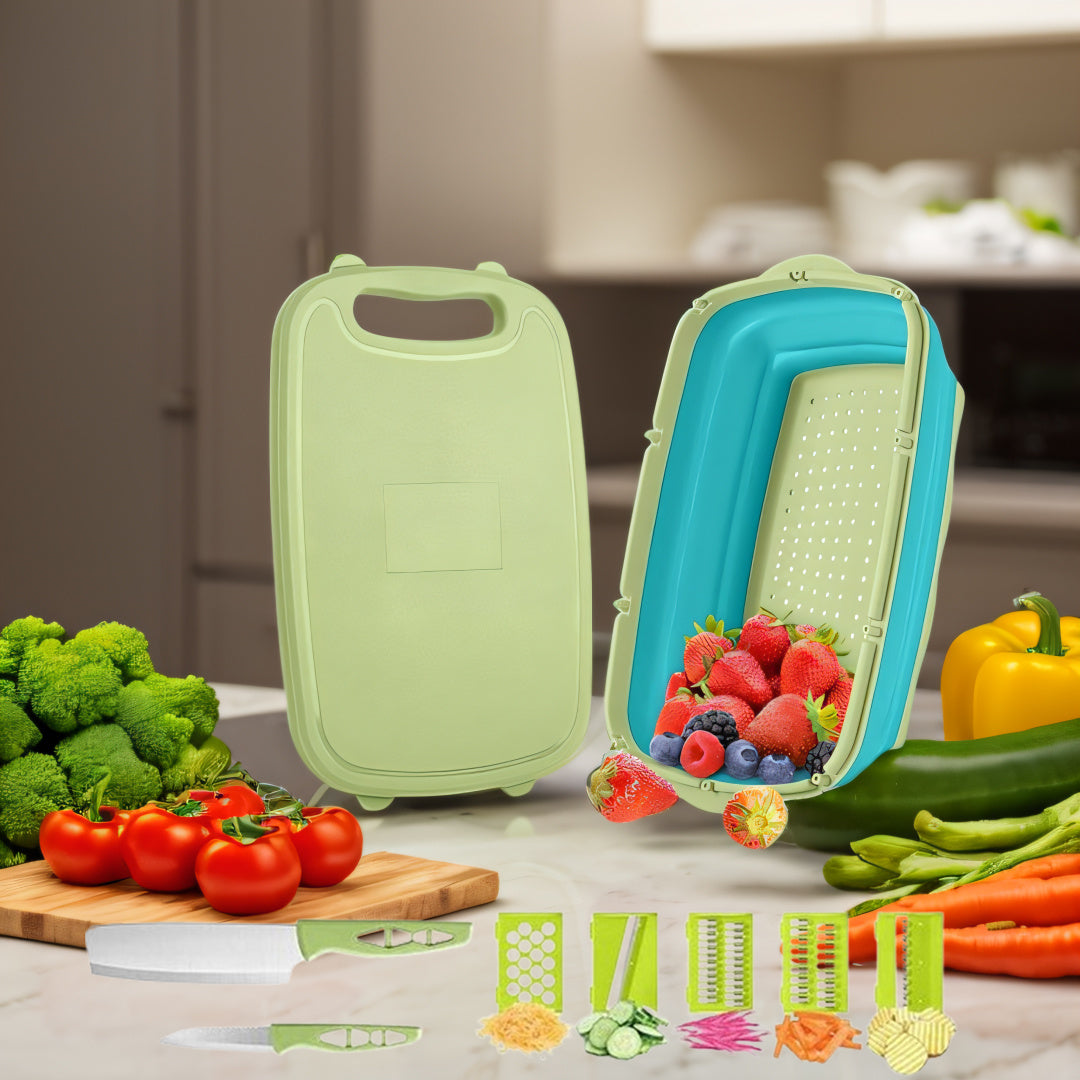 Camping Cutting Board Collapsible Chopping Board with Colander 9-In-1 Multi Chopping Board Kitchen Vegetable Washing Basket for Camping Camping Gifts Camping Accessories for RV Campers Kitchen Supplies