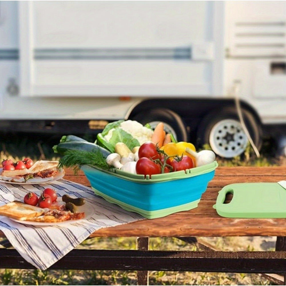 Camping Cutting Board Collapsible Chopping Board with Colander 9-In-1 Multi Chopping Board Kitchen Vegetable Washing Basket for Camping Camping Gifts Camping Accessories for RV Campers Kitchen Supplies