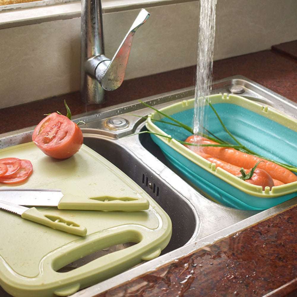 Camping Cutting Board Collapsible Chopping Board with Colander 9-In-1 Multi Chopping Board Kitchen Vegetable Washing Basket for Camping Camping Gifts Camping Accessories for RV Campers Kitchen Supplies