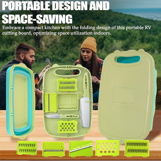 Camping Cutting Board Collapsible Chopping Board with Colander 9-In-1 Multi Chopping Board Kitchen Vegetable Washing Basket for Camping Camping Gifts Camping Accessories for RV Campers Kitchen Supplies